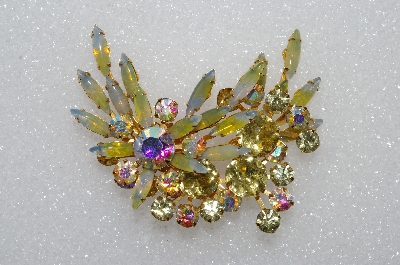 +MBA #S51-542   "Vintage Goldtone Yellow AB Crystal, Rhinestone & Glass Stone Fancy Brooch"