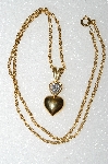 + MBA S51-210   "Older Gold Plated Double Heart & Clear Crystal Rhinestone Pendant & Chain"