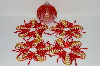 +MBA #S58-049   "Hand Made Set  Of 5 Beautiful Red & Gold Beaded Ornament Covers"
