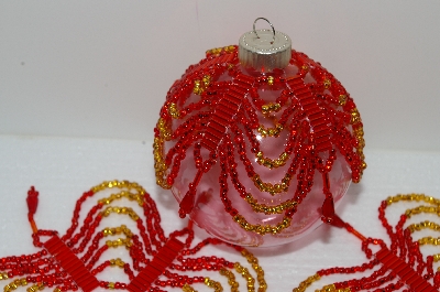+MBA #S58-049   "Hand Made Set  Of 5 Beautiful Red & Gold Beaded Ornament Covers"