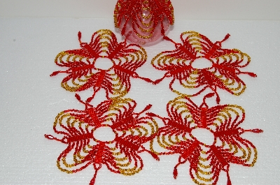 +MBA #S58-049   "Hand Made Set  Of 5 Beautiful Red & Gold Beaded Ornament Covers"