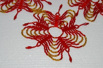 +MBA #S58-053   "Hand Made Set Of 4 Fancy Red & Gold Beaded Ornament Covers"