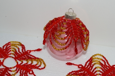 +MBA #S58-053   "Hand Made Set Of 4 Fancy Red & Gold Beaded Ornament Covers"