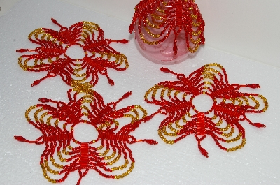 +MBA #S58-053   "Hand Made Set Of 4 Fancy Red & Gold Beaded Ornament Covers"