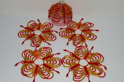 +MBA #S58-045   "Hand Beaded Fancy Gold & Red  Set Of 5 Christmas Ornament Covers"