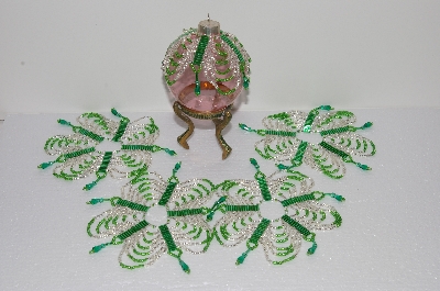 +MBA #S58-075   "Hand Made Set Of 5 Bugle, Seed & Crystal Silver & Green Bead Ornament Covers"