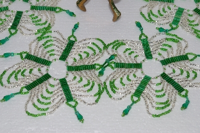 +MBA #S58-075   "Hand Made Set Of 5 Bugle, Seed & Crystal Silver & Green Bead Ornament Covers"