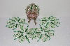 +MBA #S58-075   "Hand Made Set Of 5 Bugle, Seed & Crystal Silver & Green Bead Ornament Covers"