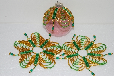 +MBA #S58-063   "Hand Made Set Of 3 Bugle, Seed & Crystal Gold And Green Bead Ornament Covers"