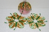 +MBA #S58-063   "Hand Made Set Of 3 Bugle, Seed & Crystal Gold And Green Bead Ornament Covers"