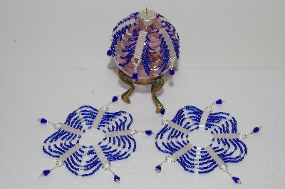 +MBA #S58-085   "Hand Made Set Of 3 Bugle, Seed & Crystal Dark Blue & Silver Bead Ornament Covers"