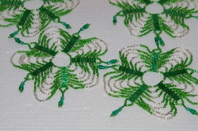 +MBA #S58-067   "Hand Made Set Of 5 Bugle, Seed & Crystal Green & Silver Bead Ornament Covers"