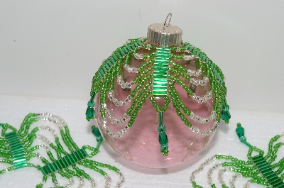 +MBA #S58-067   "Hand Made Set Of 5 Bugle, Seed & Crystal Green & Silver Bead Ornament Covers"