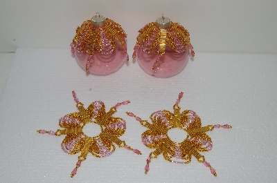 +MBA #S58-013   "Hand Made Set Of 6 Bugle, Seed & Crystal Gold & Pink Bead Ornament Covers"