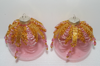 +MBA #S58-013   "Hand Made Set Of 6 Bugle, Seed & Crystal Gold & Pink Bead Ornament Covers"