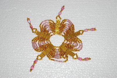 +MBA #S58-013   "Hand Made Set Of 6 Bugle, Seed & Crystal Gold & Pink Bead Ornament Covers"