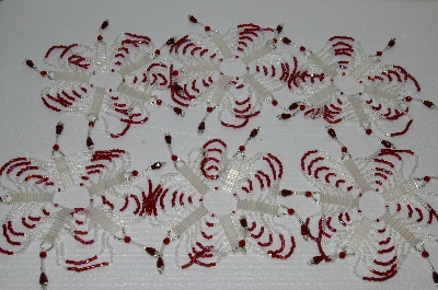 +MBA #S58-022   "Hand Made Set Of 6 Bugle, Seed & Crystal Clear & Red Bead Ornament Covers"