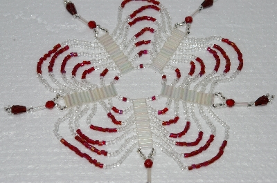 +MBA #S58-022   "Hand Made Set Of 6 Bugle, Seed & Crystal Clear & Red Bead Ornament Covers"