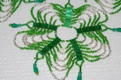 +MBA #S58-072   "Hand Made Set Of 4 Bugle, Seed & Crystal Green & Silver Bead Ornament Covers"