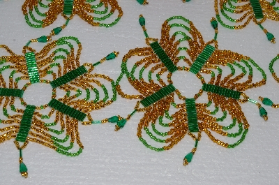 +MBA #S58-058   "Hand Made Set Of 6 Bugle, Seed & Crystal Gold & Green Bead Ornament Covers"