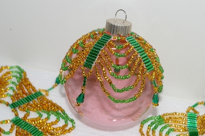 +MBA #S58-058   "Hand Made Set Of 6 Bugle, Seed & Crystal Gold & Green Bead Ornament Covers"