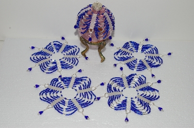 +MBA #S58-081   "Hand Made Set Of 5 Bugle, Seed & Crystal Blue & Clear Bead Ornament Covers"