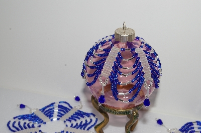 +MBA #S58-081   "Hand Made Set Of 5 Bugle, Seed & Crystal Blue & Clear Bead Ornament Covers"