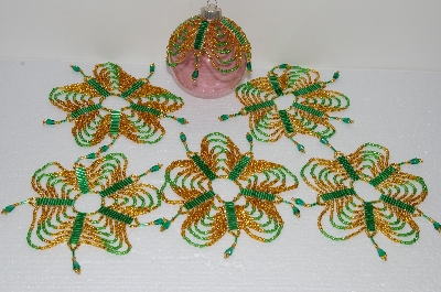 +MBA #S58-062   "Hand Made Set Of 6, Bugle, Seed & Crystal Bead Ornament Covers"