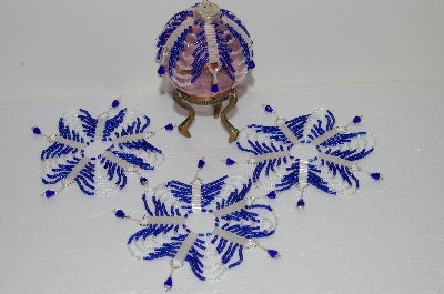 +MBA #S58-093   "Hand Made Set Of 4 Bugle, Seed & Crystal Blue & Silver Bead Ornament Covers"
