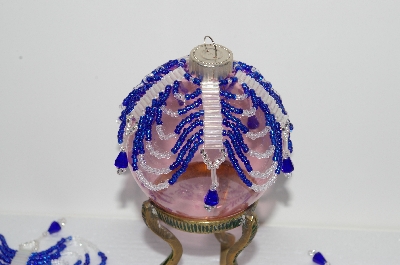 +MBA #S58-093   "Hand Made Set Of 4 Bugle, Seed & Crystal Blue & Silver Bead Ornament Covers"