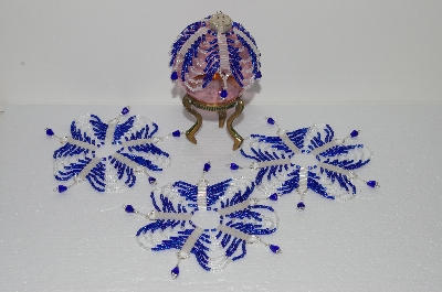 +MBA #S58-093   "Hand Made Set Of 4 Bugle, Seed & Crystal Blue & Silver Bead Ornament Covers"