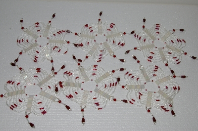 +MBA #S58-030   "Hand Made Set Of 6 Bugle,Seed & Crystal Clear & Red Bead Ornament Covers"