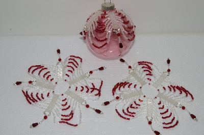 +MBA #S58-028   "Hand Made Set Of 3, Bugle,Seed & Crystal bead Clear & Red Ornament Covers"