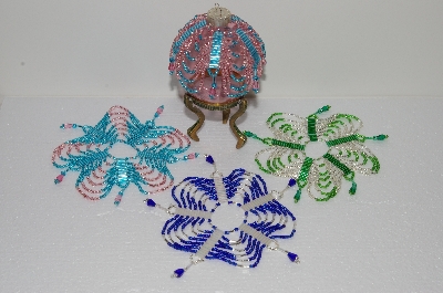 +MBA #S58-094   "Hand Made Set Of 4 Multi Colored Bugle, Seed & Crystal Bead Ornament Covers"