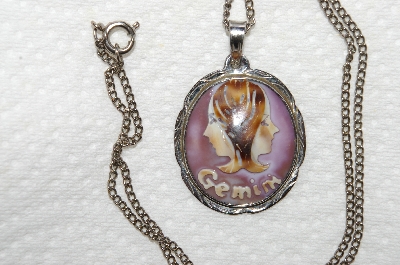 +MBA #S58-150   "1970's Sterling Hand Carved Shell Gemini Pendant & Chain"