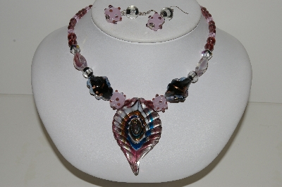 +MBA #S59-061   "Fancy Lampworked Glass Bead Necklace & Earring Set With Large Glass Pendant"