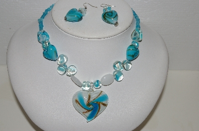 +MBA #S59-011   Fancy Lampworked Glass Bead Necklace & Earrings Set With Large Glass Heart Pendant"