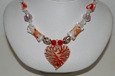 +MBA #S59-018   "Fancy Lampworked Glass Bead Necklace & Earrings Set With Large Glass Heart Pendant"