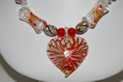 +MBA #S59-018   "Fancy Lampworked Glass Bead Necklace & Earrings Set With Large Glass Heart Pendant"
