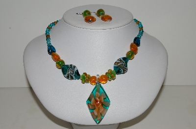 +MBA #S59-104   "Fancy Glass Lampworked Bead Necklace & Earrings Set With Large Glass Spoon Pendant"