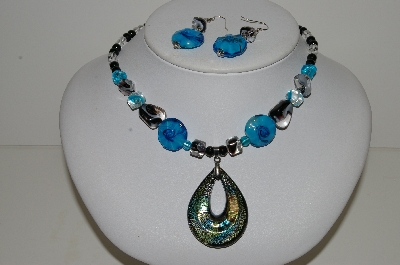+MBA #S59-094   "Fancy Lampworked Glass Bead necklace & Earring Set With Glass 55x40mm Tear Drop Pendant"