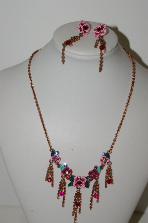 +MBA #S59-052   "Fancy Painted Flower & Crystal Rhinestone Necklace & Earring Set"