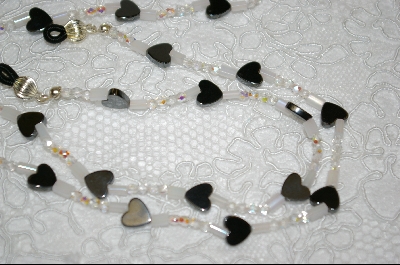 +MBA #3700  "Hematite Hearts & AB Milk Glass Beads