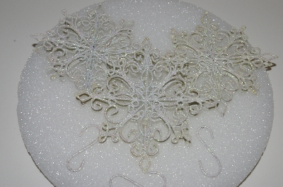 +MBA #S25-321  "2003  Set Of 3 Metal Wjite & AB Glitter Snow Flake Ornaments"