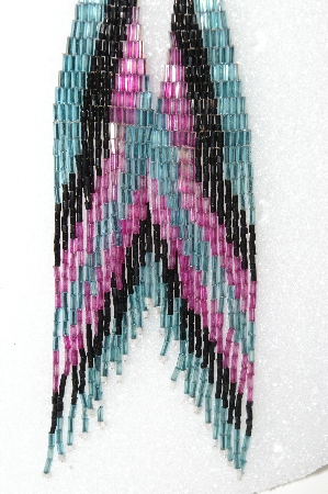 +MBA #S25-077   "Fancy Black, Pink & Blue Hand Beaded Earrings"