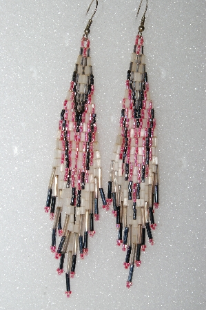 MBA #S25-092  "Fancy Hand Beaded Frosted White, Pink & Black Earrings"