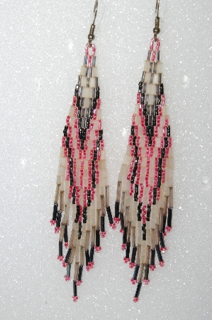 MBA #S25-092  "Fancy Hand Beaded Frosted White, Pink & Black Earrings"
