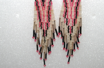 MBA #S25-092  "Fancy Hand Beaded Frosted White, Pink & Black Earrings"