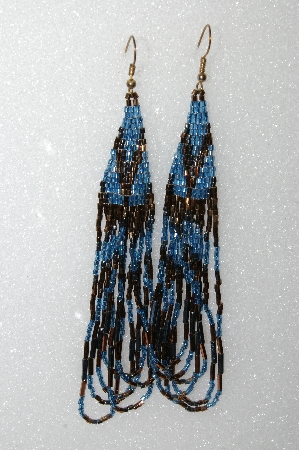 +MBA #S25-088   "Fancy Hand Beaded Blue,Copper & Gun Metal Glass Bead Earrings"