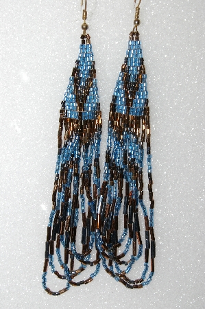 +MBA #S25-088   "Fancy Hand Beaded Blue,Copper & Gun Metal Glass Bead Earrings"